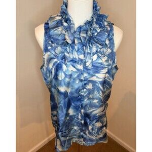 100% Silk Blue Floral Ruffle Blouse Womens L Kenar Romantic Career Top Light